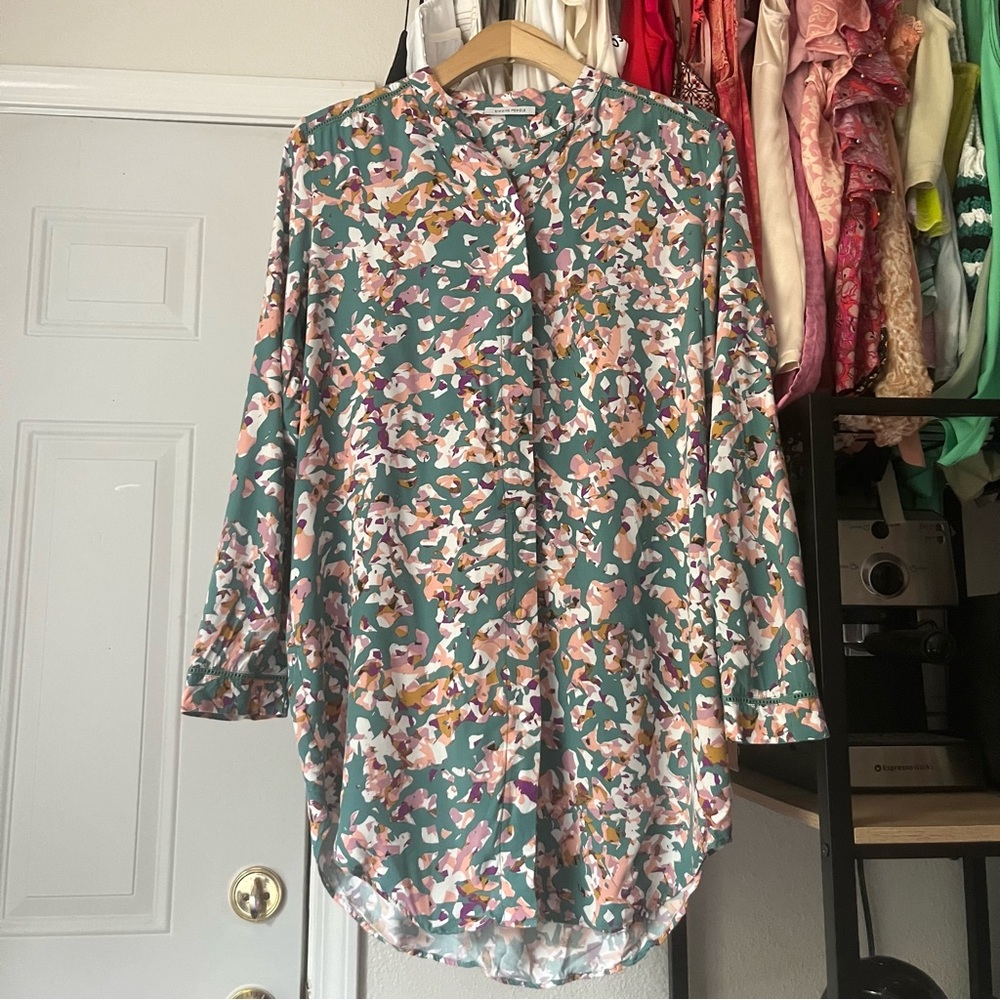 SIMONE PERELE teal green camo cotton lace‎ trim long sleeve button up shirt